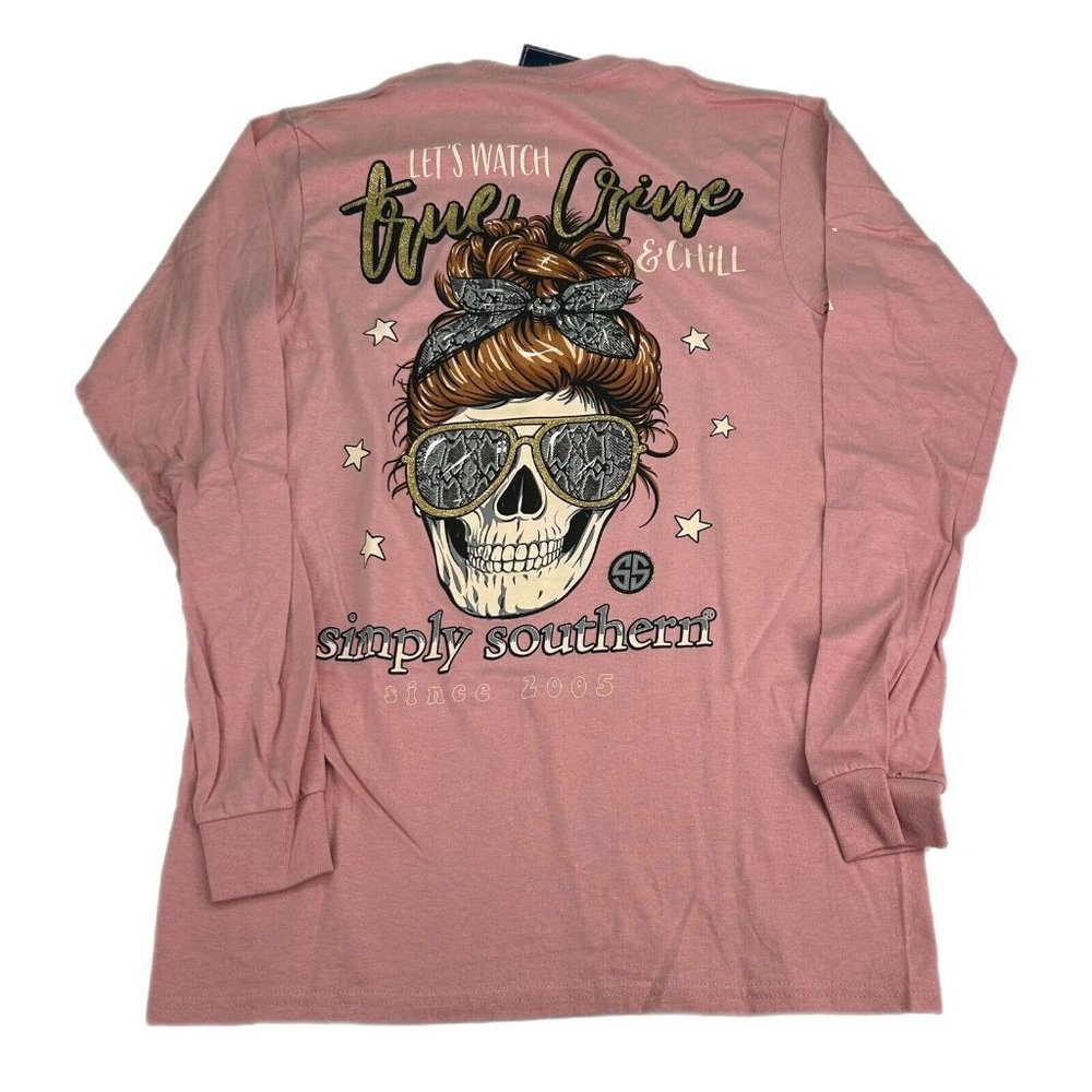 Simply Southern T-Shirt Womens S Small Pink Long Sleeve True Crime & Chill